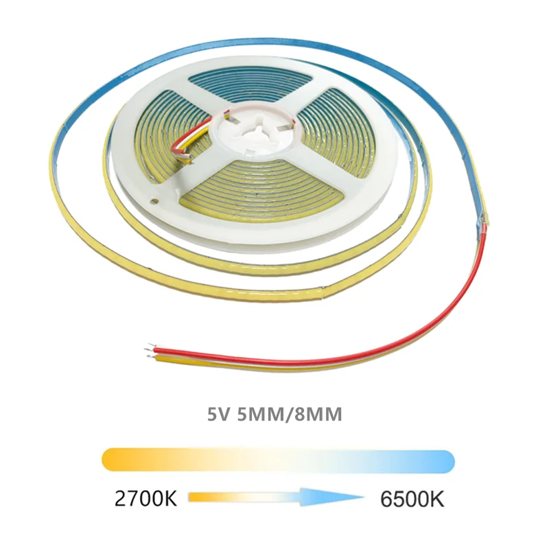 Tira de luces LED COB CCT de 12V, 24V CC, 2700K a 6500K, cinta LED que cambia de Color, cinta lineal de doble Color RA90 regulable de 5mm y 8mm de ancho