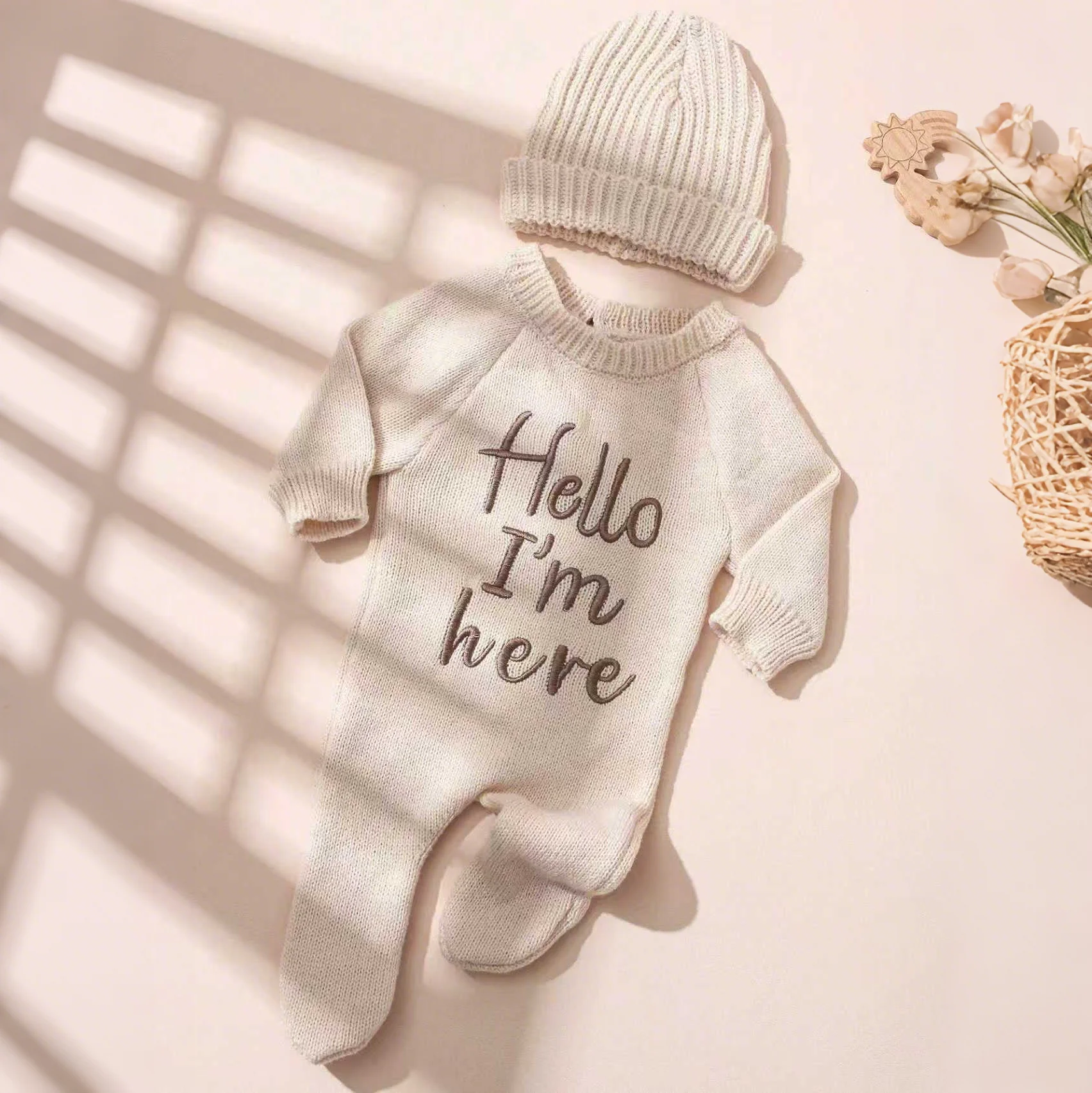 Ylsteed "Hola" bordado tejido recién nacido anuncio de nacimiento trajes mono con zona para bebé niño niña accesorios de fotografía recién nacido