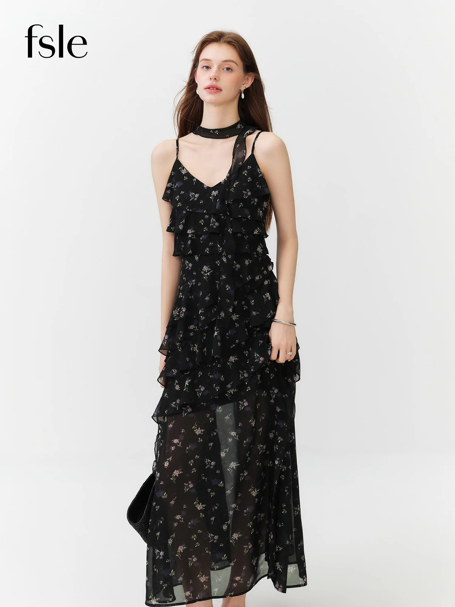 FSLE Vestido largo de verano con estampado floral y volantes para mujer, vestido largo con tirantes ajustables y corte en A, estilo romántico coqueto