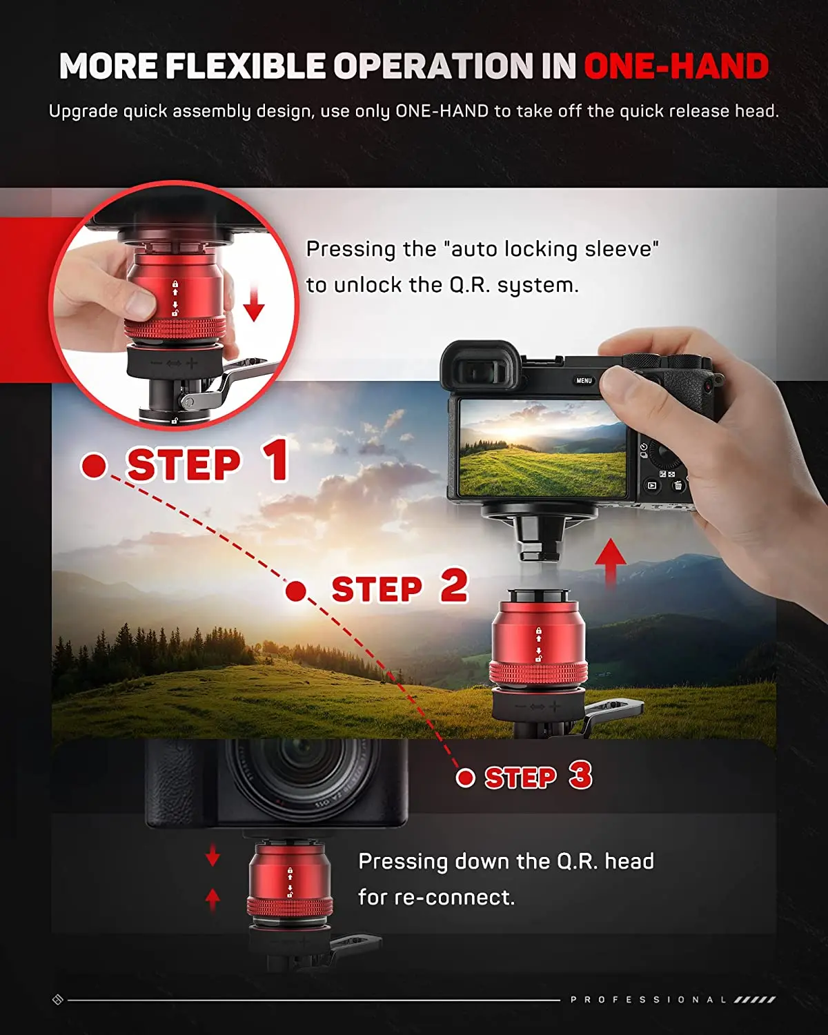 IMEAGE-trípode de bajo perfil CB3 BASE-P, cabezal de liberación rápida, desbloqueo mediante prensado de Pedal, Mini trípode portátil de aleación de aluminio estable