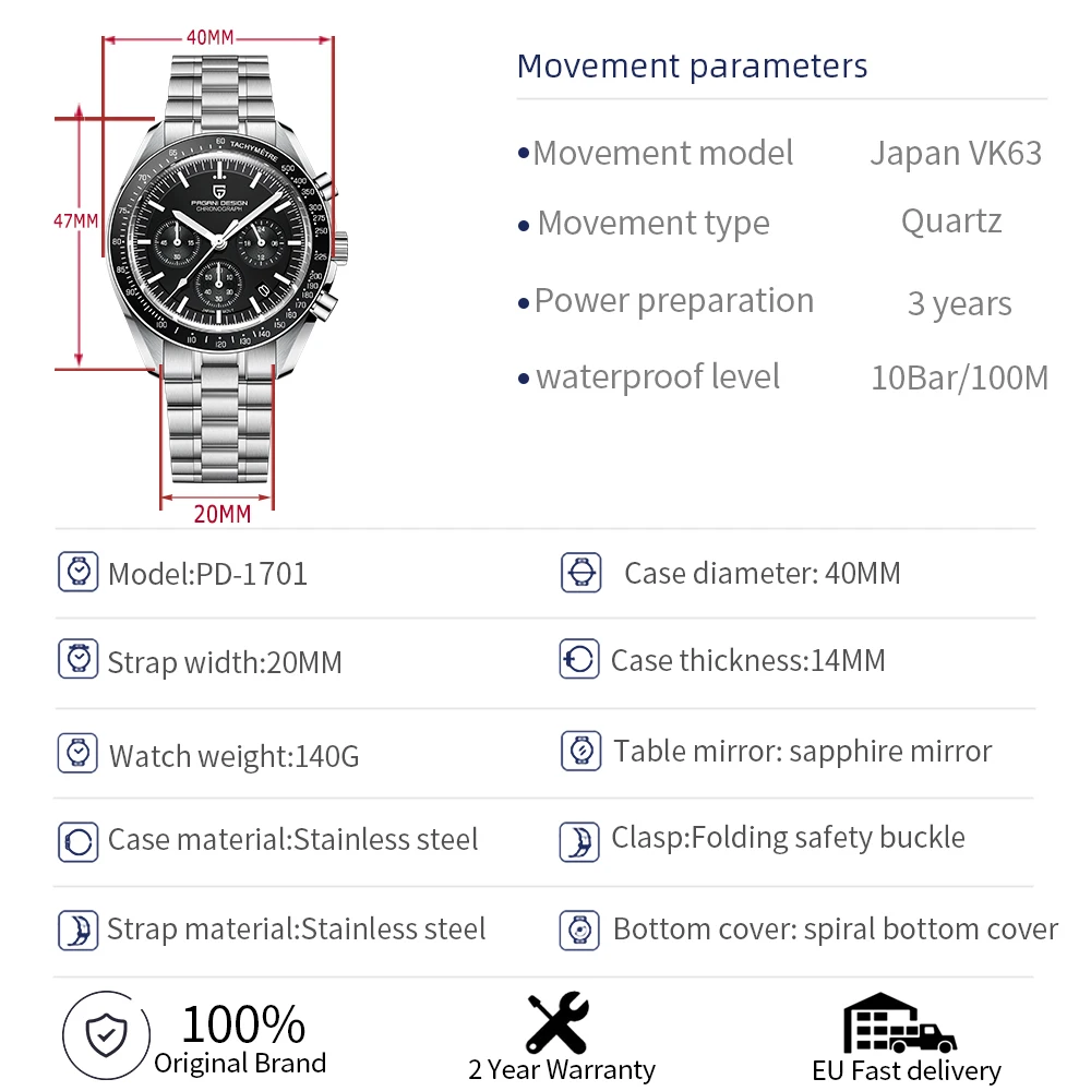 Reloj PAGANI DESIGN 2026 Nuevo V5 PD1701 para Hombre, Reloj de Cuarzo de Lujo, Deportivo, Cronógrafo, Cristal de Zafiro AR, Resistente al Agua 100M