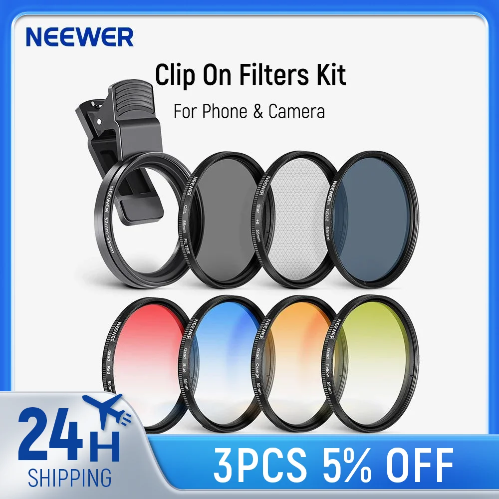 NEEWER-Kit de filtro ND32 ND para teléfono y cámara, CPL, 4 filtros de color graduados, anillo adaptador de 52-55mm, Clip de lente de teléfono para iPhone