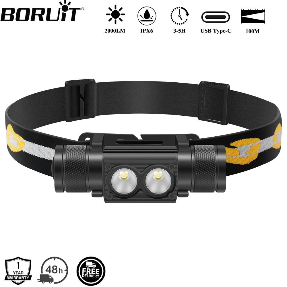 BORUiT D25 faro LED doble 2000LM potente faro tipo C recargable 18650 linterna de cabeza impermeable Camping pesca linterna