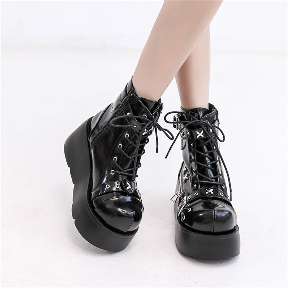 Botines de plataforma góticos para mujer, nuevos, con hebilla, cremallera y remaches, estilo punk, con tacón de cuña, para fiesta y calle.
