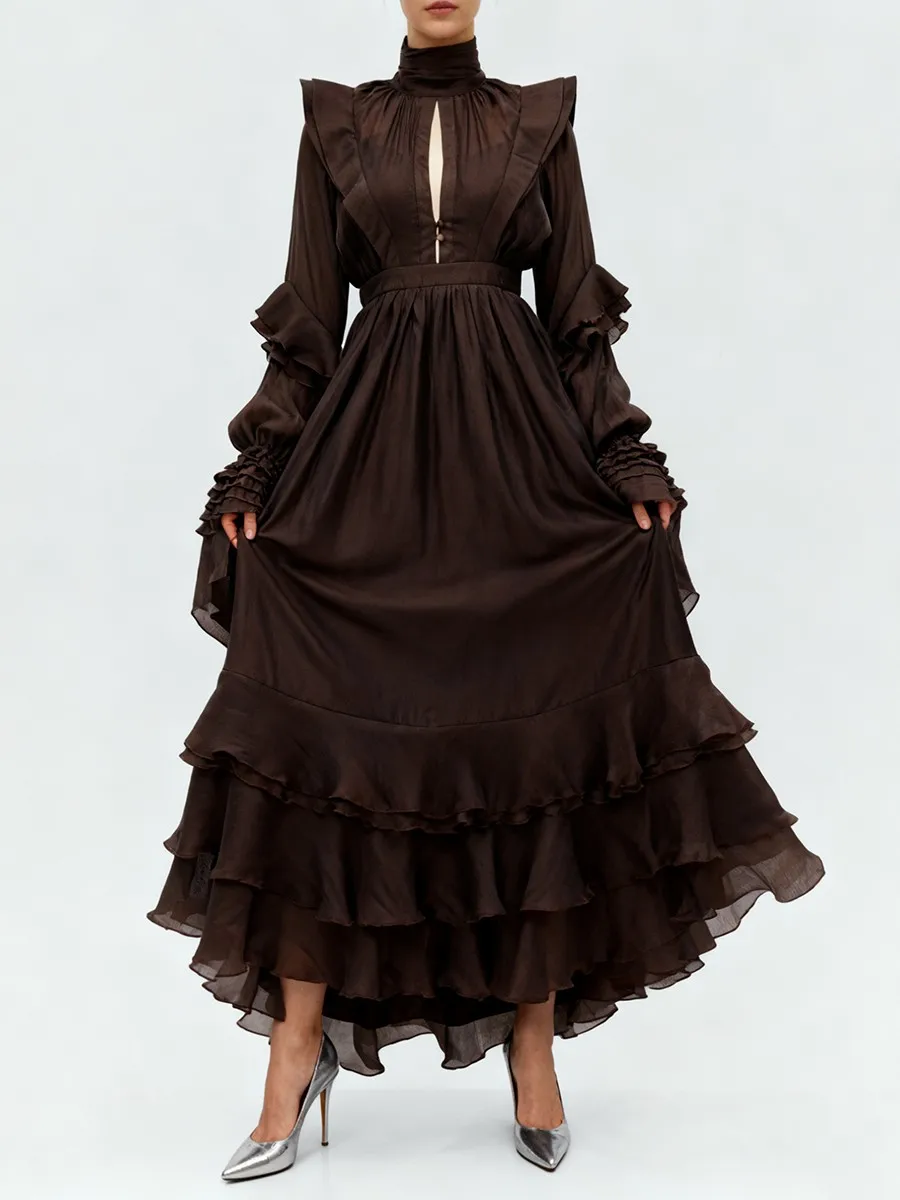 TWOTWINSTYLE Vintage empalmado recortado vestido medio ajustado para mujer cuello alto manga larga dobladillo con volantes vestidos elegantes Mujer