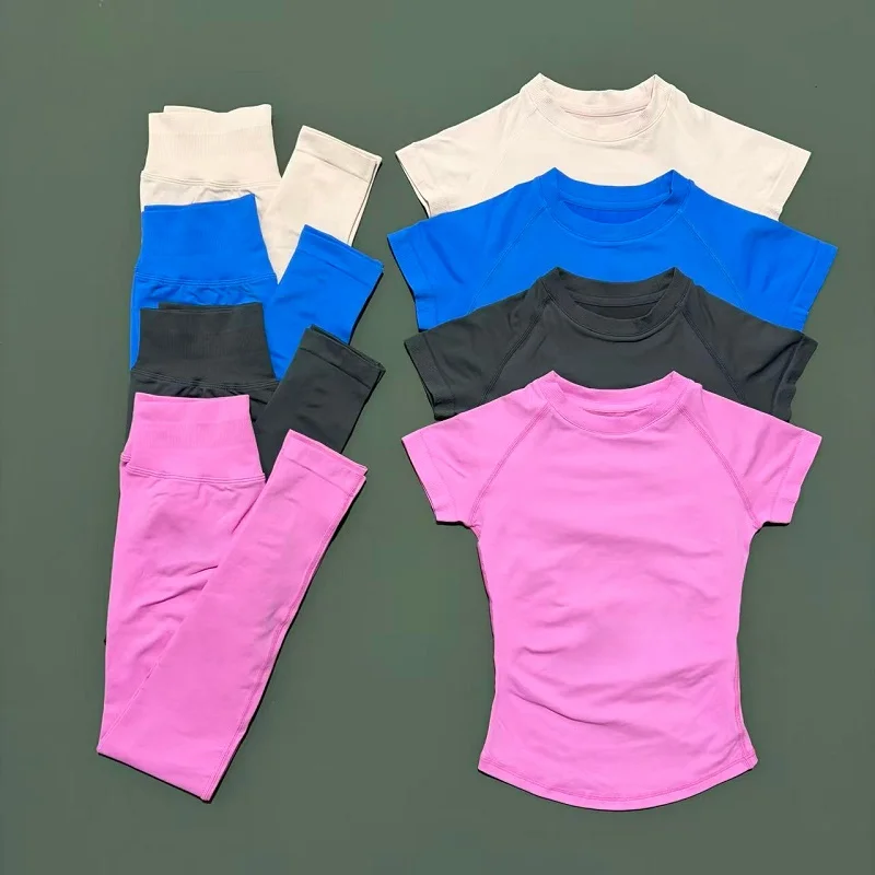 Conjunto Deportivo de 2 Piezas para Mujer, Manga Corta, Cuello Redondo, Transpirable, Leggings Deportivos para Yoga, Ropa Deportiva para Gimnasio