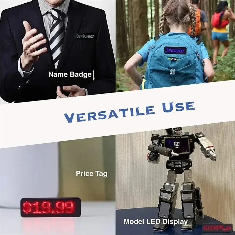 Insignia LED Digital recargable con Bluetooth, tablero de mensajes défilante programable DIY, Mini pantalla LED, etiqueta de nombre LED