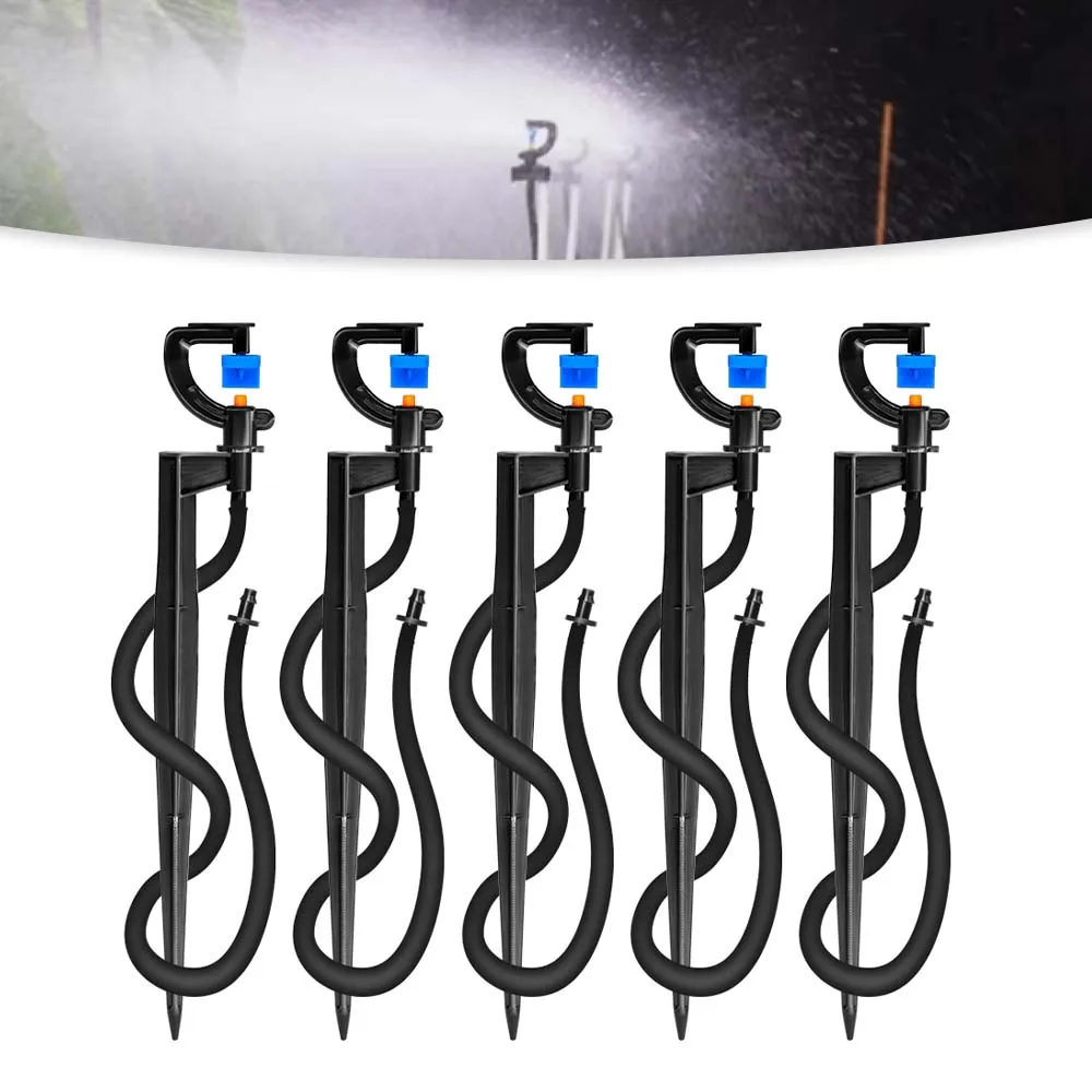 Nuevo Paquete de 5 microsistema de riego refractivo de 180 grados, rociador con boquilla, suministros de riego de estaca de 21cm para mangueras, invernadero de jardín