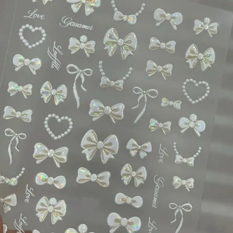 Adornos de Uñas 5D con Perlas Blancas, Lazo Francés con Puntos, Corazón de Perlas y Cadena de Perlas, Adhesivos Autoadhesivos para Decoración de Manicura para Mujeres