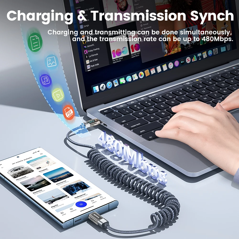 Cable USB-C a USB-C en espiral Toocki 100W PD para Macbook, iPad, Samsung Galaxy, Huawei, con carga rápida y LED, cable de datos USB tipo C