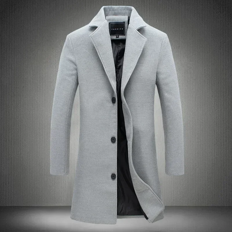 Abrigo largo de algodón para hombre, chaqueta cortavientos ajustada informal de negocios de Color puro de mezcla de lana para otoño e invierno, ropa de moda para hombre 2025