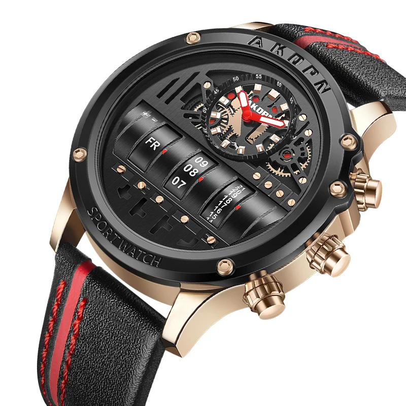 Reloj de cuarzo electrónico de lujo para hombre, relojes de negocios, reloj de pulsera creativo para hombre, relojes con correa de cuero con fecha giratoria única