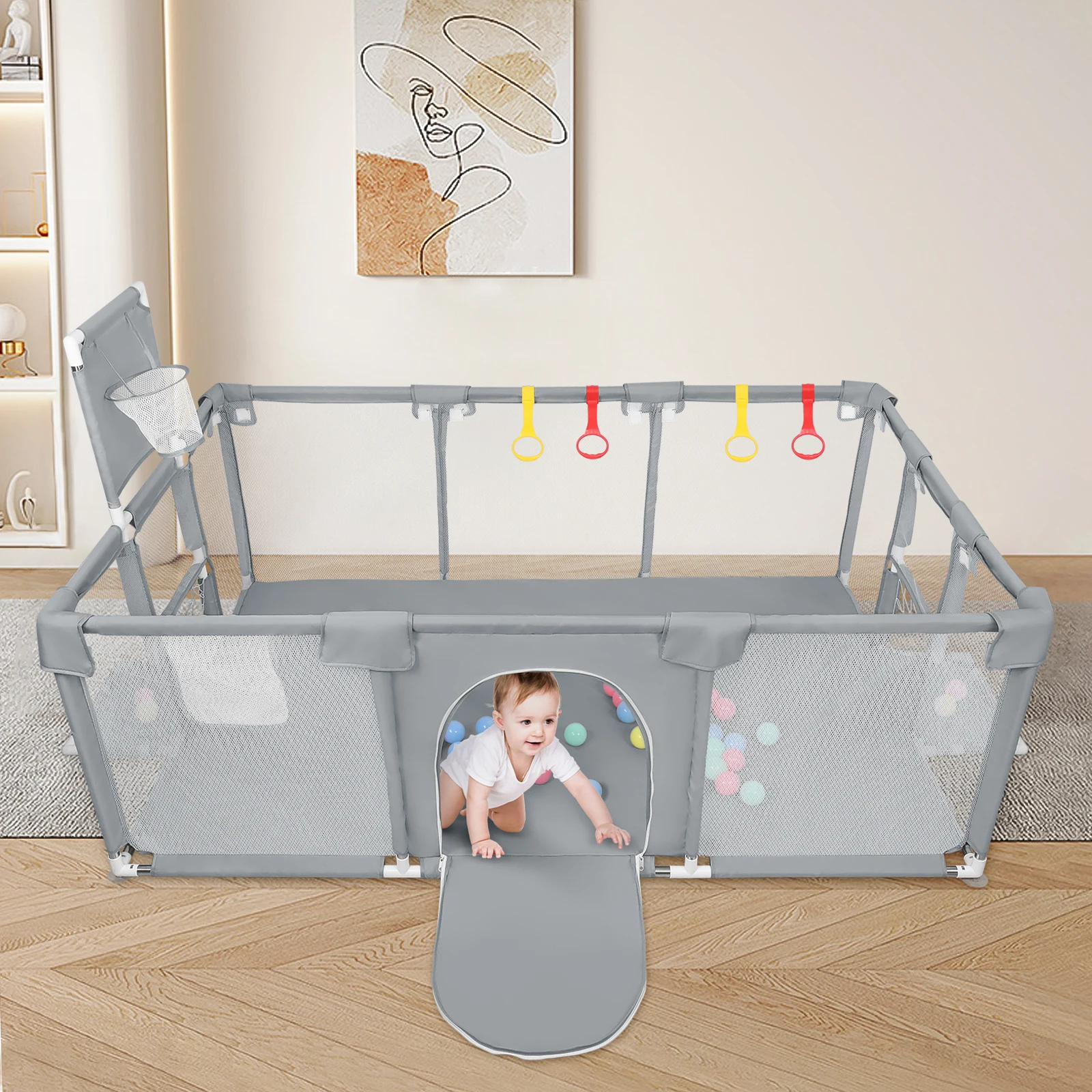 Parque infantil grande para bebés XL 180x120cm, parque infantil para bebés y niños con red transpirable, 50 pelotas de juego y 4 anillas de tracción