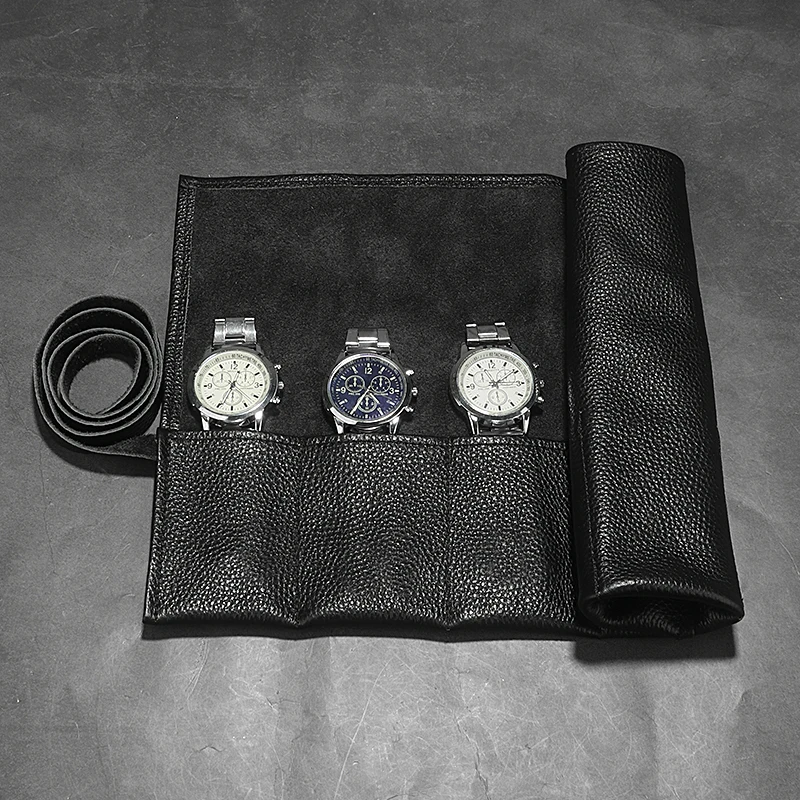 Wesleco-estuche de cuero genuino para reloj, organizador portátil de viaje, almacenamiento de relojes, bolsa de exhibición, 6 ranuras
