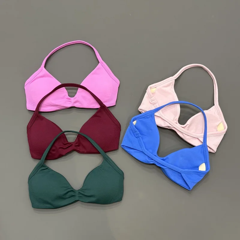 Sujetador deportivo con tirantes para mujer, top de gimnasio de alto soporte, tirantes finos, sin costuras, estilo halter, sujetadores deportivos con efecto fruncido para entrenamiento y yoga, con almohadillas