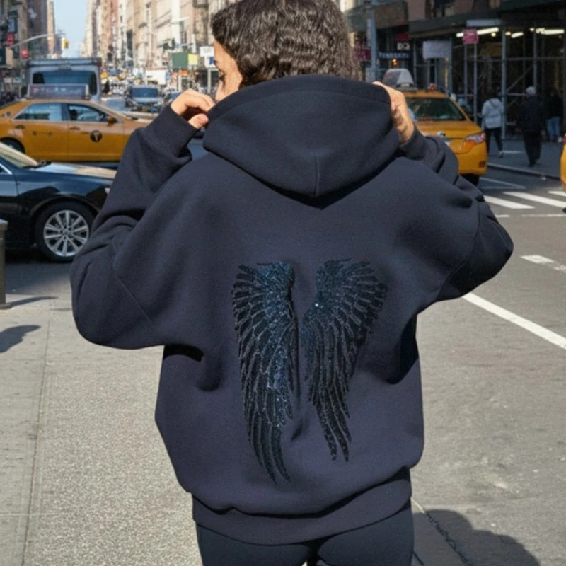 Sudadera con capucha de lentejuelas y alas Retro Y2K, sudadera con adorno de alas de Ángel, ropa de calle informal para mujer, Jersey de ajuste relajado, abrigo