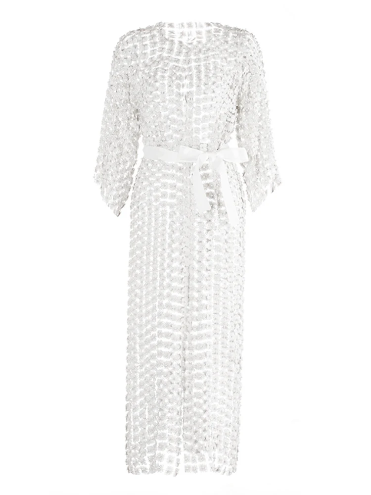 TWOTWINSTYLE, vestidos elegantes de parches lisos con perlas para mujer, cuello redondo, manga larga, lazo empalmado, vestido Midi adelgazante para mujer, nuevo