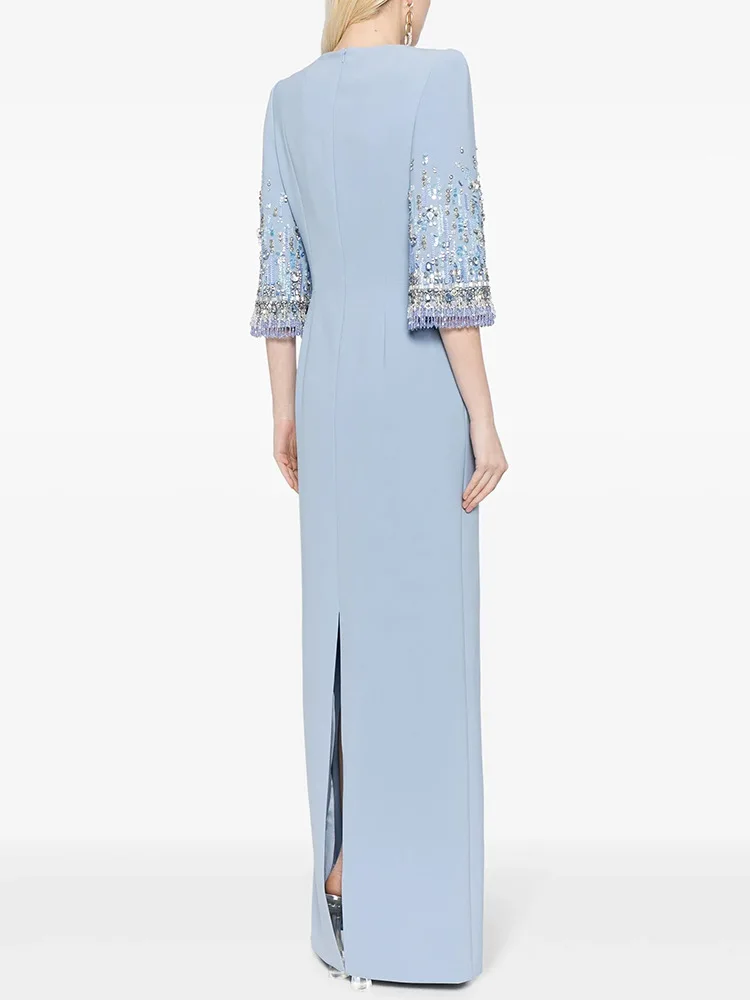 Vestido Largo Maxi de Diseñador de Alta Costura, Nueva Moda 2026, Primavera/Verano, con Media Manga y Cuentas Impresionantes para Mujer