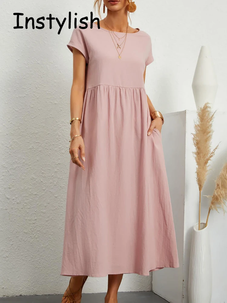 Vestido largo holgado de lino y algodón para mujer, prenda elegante y lisa de manga corta con cuello redondo, Estilo Vintage Harajuku, Y2K