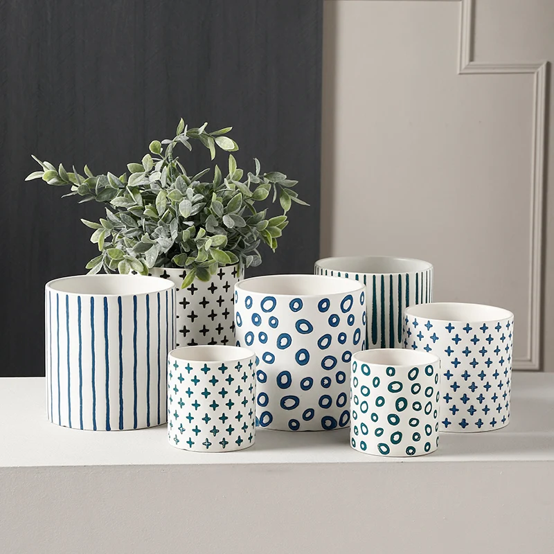 Maceta de cerámica nórdica moderna para sala de estar, florero para encimera Interior, patrón geométrico Simple, maceta para plantas y jardinería
