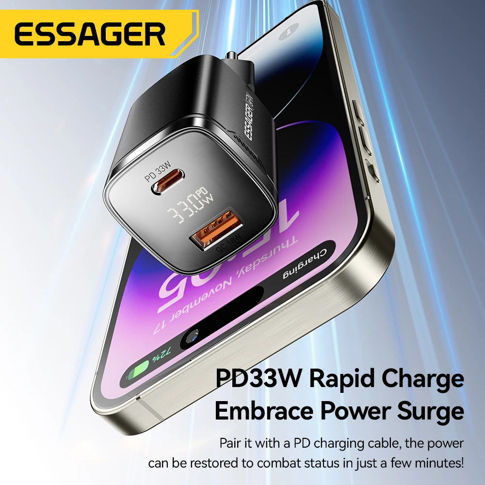 Cargador USB Tipo C GaN de 33W con Pantalla Digital y Carga Rápida PD para iPhone 17 16 15 14 Pro Max, iPad Mini, Xiaomi, Samsung S22