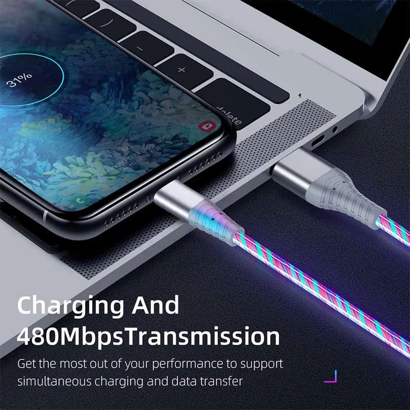 Cable brillante 3A, luz LED que fluye, Cables Micro USB tipo C para Samsung iPhone 13, Xiaomi, Huawei, Cable de carga para teléfono móvil