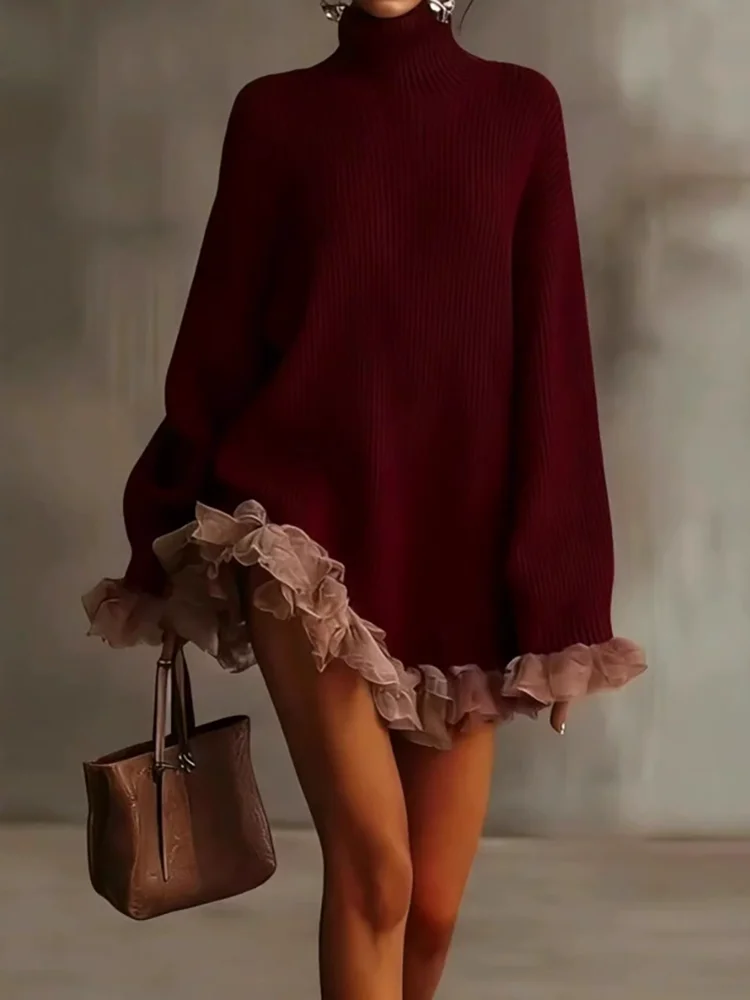 Vestido suéter sencillo con cuello alto para otoño e invierno, minivestido informal de retazos para mujer, vestido dulce de manga larga con pétalo para mujer