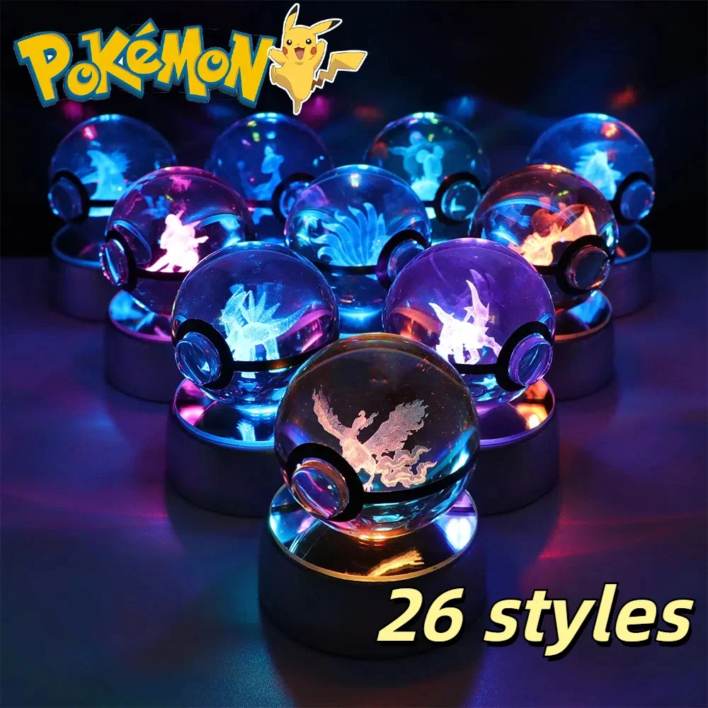 Pokemon bola de cristal 3D Pikachu Gengar Eevee Mewtwo juego de Anime Pokeball Led Base de luz nocturna niños regalo de cumpleaños decoración del hogar