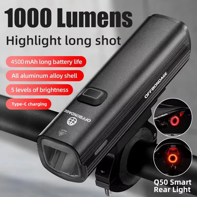 OFFBONDAGE Luz Delantera para Bicicleta de 4500mAh y 1000LM, Lámpara de Bicicleta de Aleación de Aluminio para MTB y Bicicleta de Carretera, Recargable Tipo-C, 5 Modos, Luz Nocturna para Ciclismo, Linterna Frontal Ligera, Accesorios para Bicicleta de Montaña