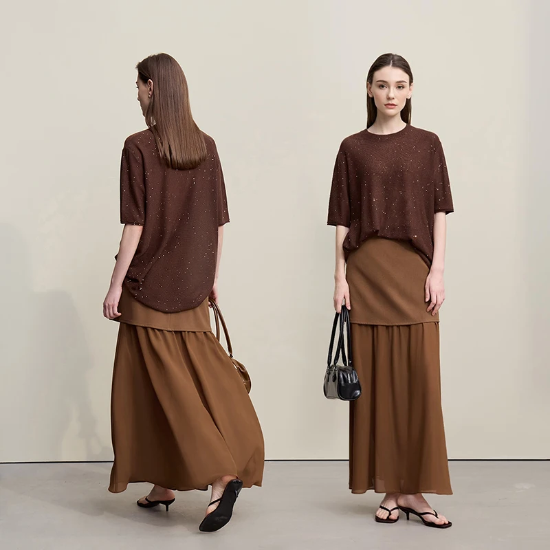 Falda Larga de Chifón con Parches Elegante para Mujer, Nueva Colección Otoño 2026, Color Sólido, Corte Recto, Versátil, Ropa de Mujer 12641047