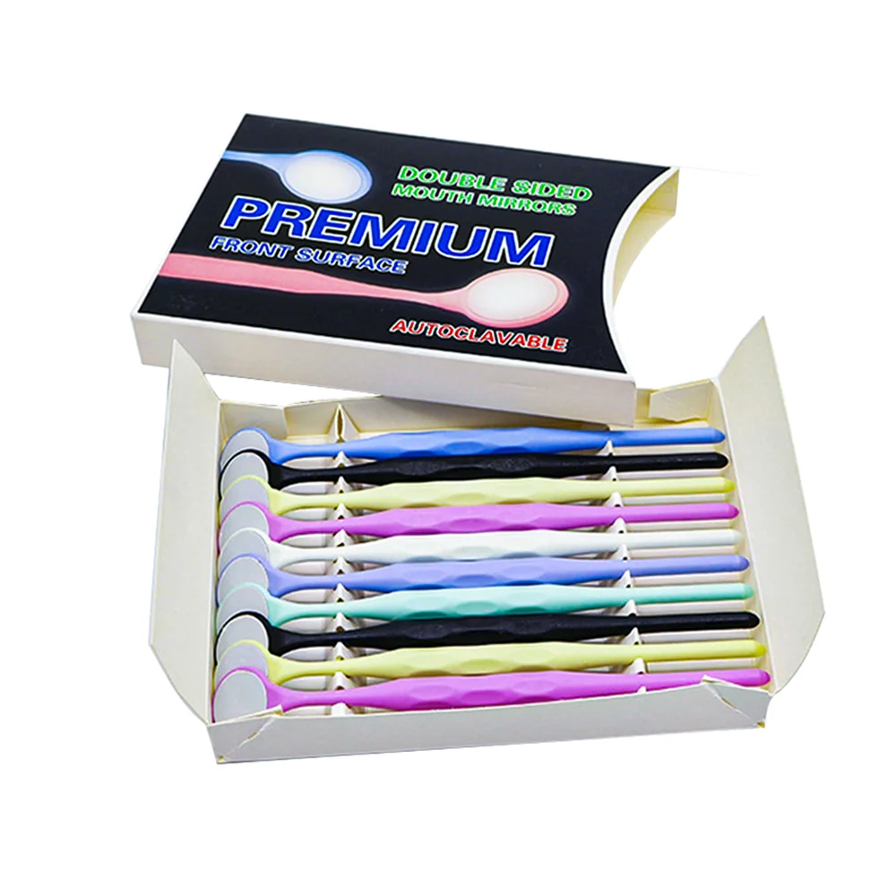 10 unids/caja Dental espejos bucales de doble cara Autoclavable Premium superficie frontal Reflector de examen espejo Oral materiales de odontología