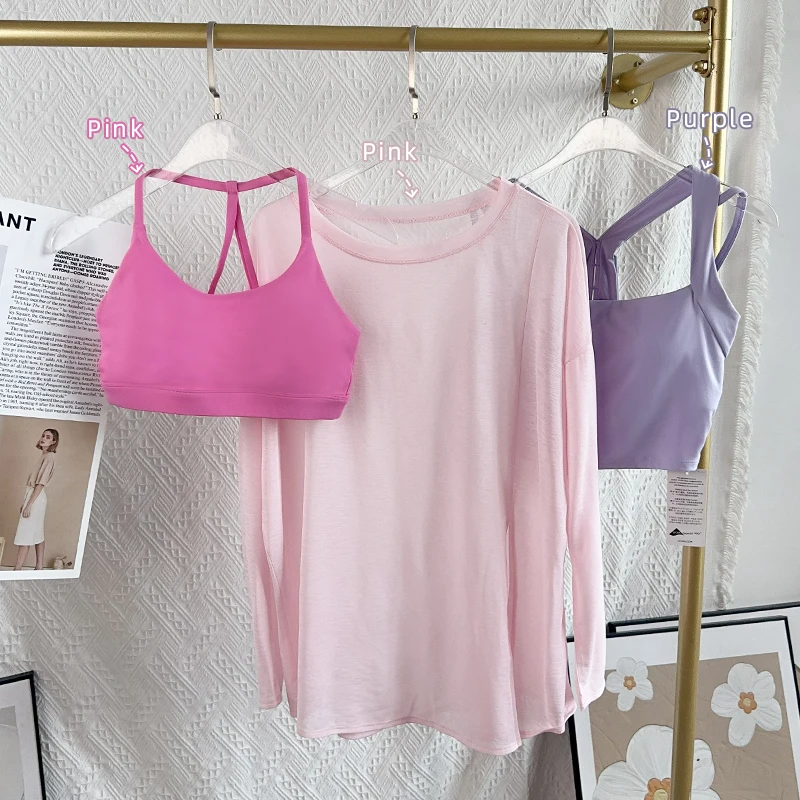 Camisas de Yoga para mujer, Tops deportivos de manga larga con cuello redondo, camiseta transpirable para correr, ropa holgada para Fitness, ropa deportiva para gimnasio, camisetas de Pilates