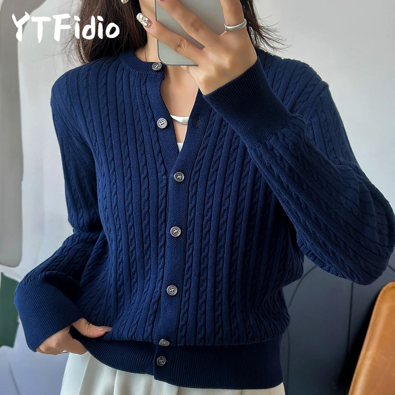 YTFidio 100% de algodón para mujer, cárdigan liso con flores retorcidas y cuello redondo, ropa de diseñador de lujo, jersey para mujer, Tops femeninos 392