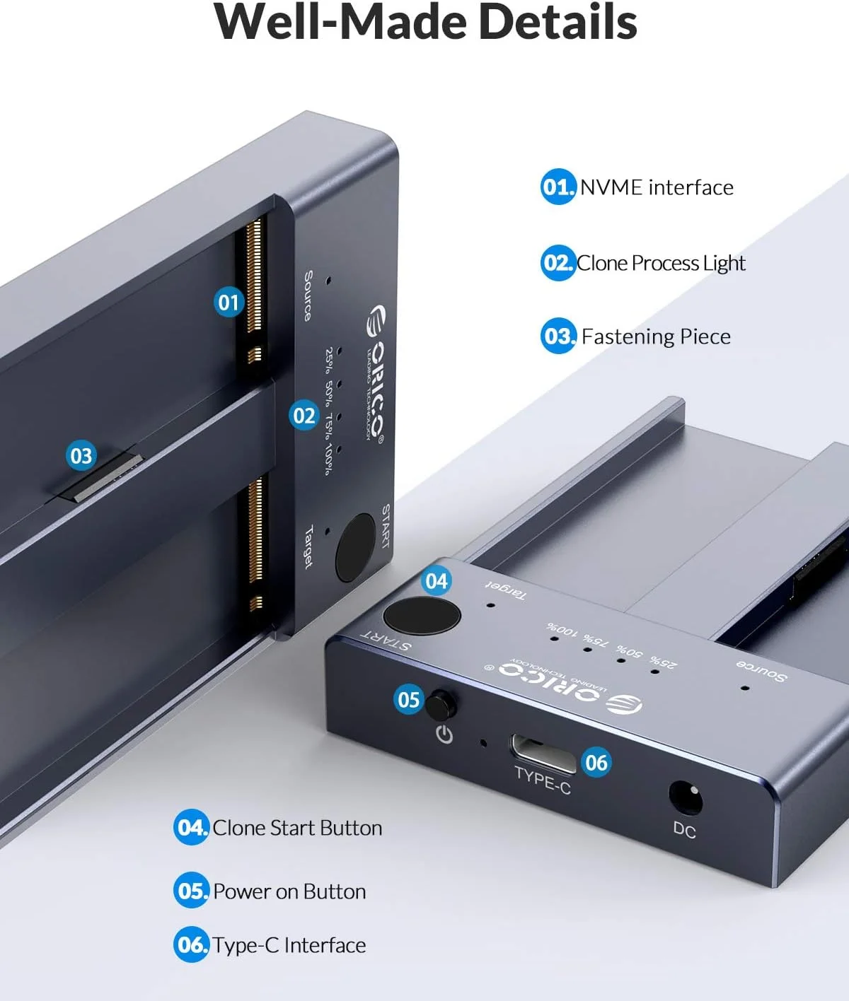 ORICO-Cloner M.2 NVMe de doble bahía, dispositivo con USB C a NVMe SSD, M.2 carcasa de aluminio, clon sin conexión para PCIe m-key SSD de 8TB