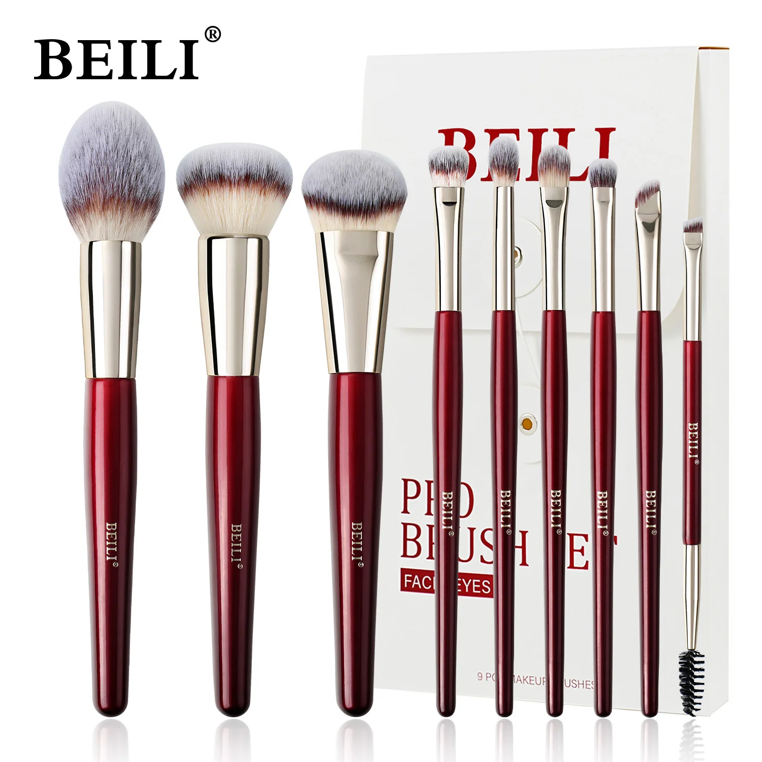 Brochas de Maquillaje BEILI, Juego de 9 Brochas Profesionales de Maquillaje, Brochas Sintéticas Premium para Base, Polvo, Rubor y Sombra de Ojos, Suaves