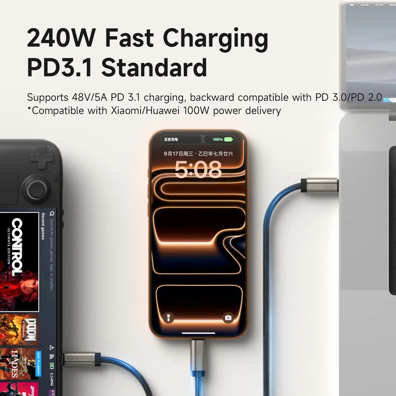 Cable USB C Super Suave Hagibis TBT5, Ancho de Banda de 120 Gbps, Carga de 240 W, Video de 16K/8K, Compatible con Thunderbolt 4