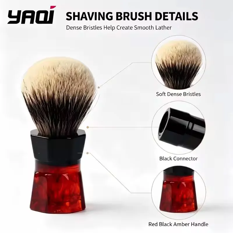 Brocha de Afeitar 2026 YAQI, Brocha de Afeitar de Cerdas Premium, Mango Hexagonal de Resina Negra con Marmoleado Rojo Ámbar, Brocha de Espuma para Afeitado Húmedo para Hombres
