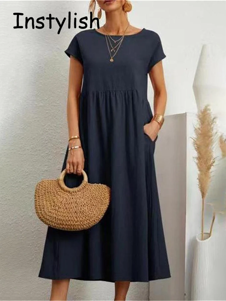 Vestido largo holgado de lino y algodón para mujer, prenda elegante y lisa de manga corta con cuello redondo, Estilo Vintage Harajuku, Y2K