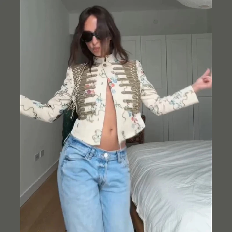 Chaqueta Militar Corta con Estampado Floral Vintage para Mujer, Cuello Alto, Adornos Trenzados, Estilo Real, Blazer Urbano