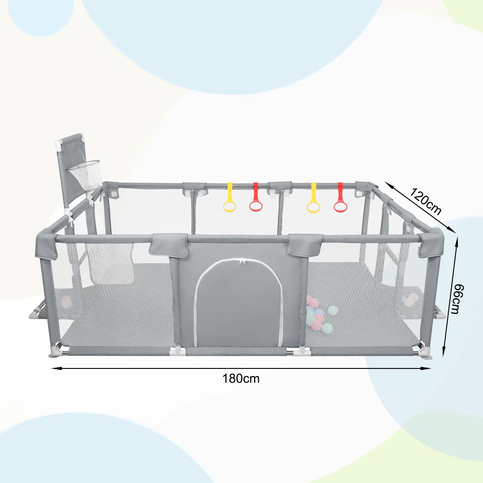 Parque infantil grande para bebés XL 180x120cm, parque infantil para bebés y niños con red transpirable, 50 pelotas de juego y 4 anillas de tracción