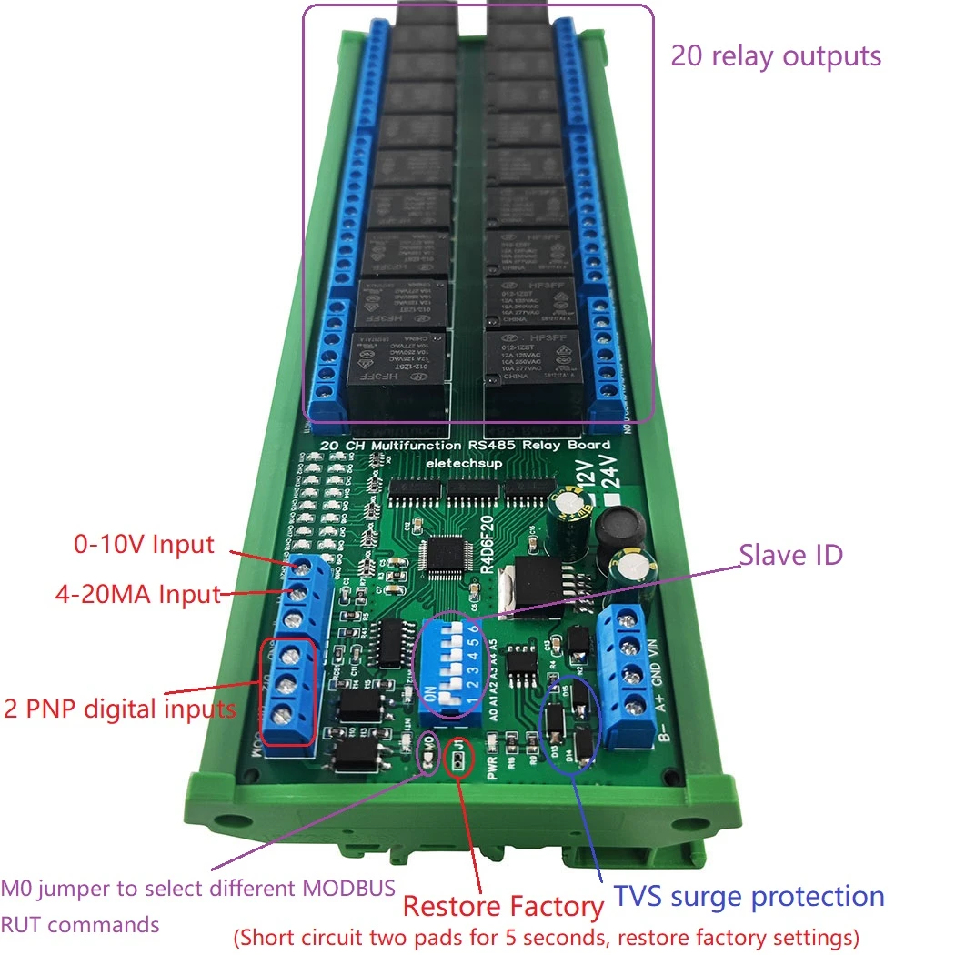 Módulo IO analógico Digital de interruptor RS485 integrado de 20 canales con expansión Modbus RTU PLC UART, lectura de voltaje de 0-10V de corriente de 4-20MA