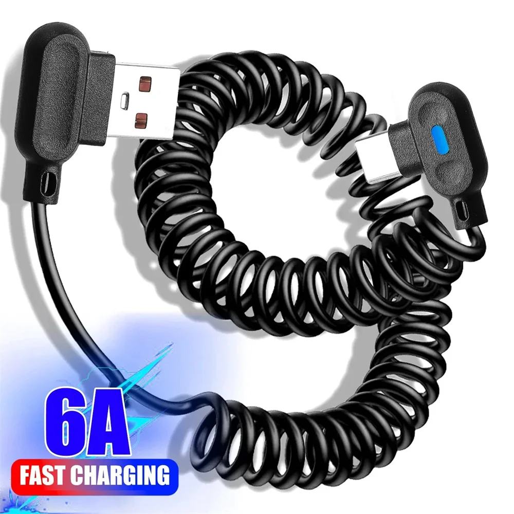 Cable de datos de resorte corto de carga rápida 6A, Cable de carga rápida de codo USB tipo C para Samsung, Huawei, Xiaomi, Cable de sincronización de cargador de teléfono