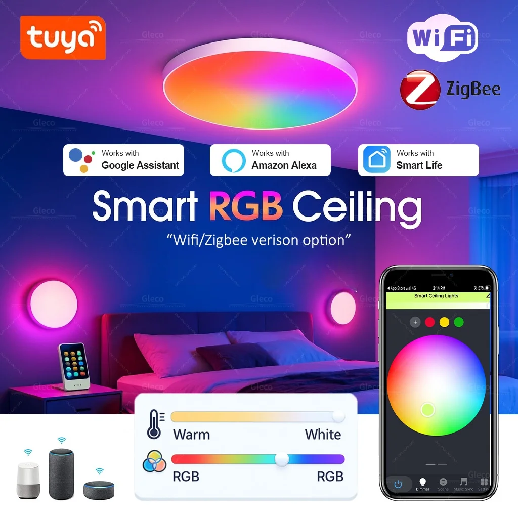 Tuya Wifi/Zigbee luz de techo RGBCW lámpara de techo Led sala de estar decoración del hogar lámpara inteligente para aplicación Smart Life Alexa Google Home