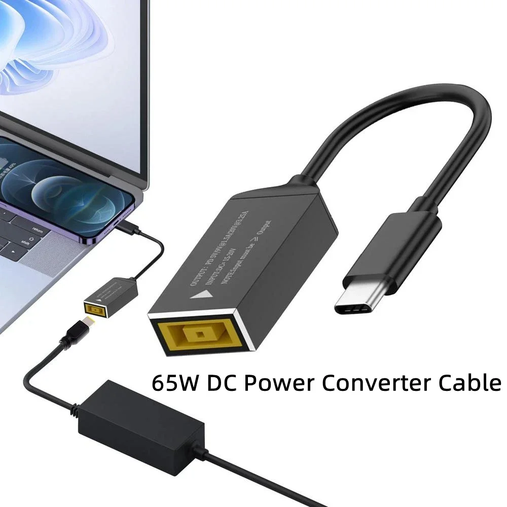 Cable de carga rápida USB C para Lenovo, cargador de ordenador portátil, Conector de CC, enchufe cuadrado A Adaptador tipo C PD, convertidor para tableta y Notebook, 65W