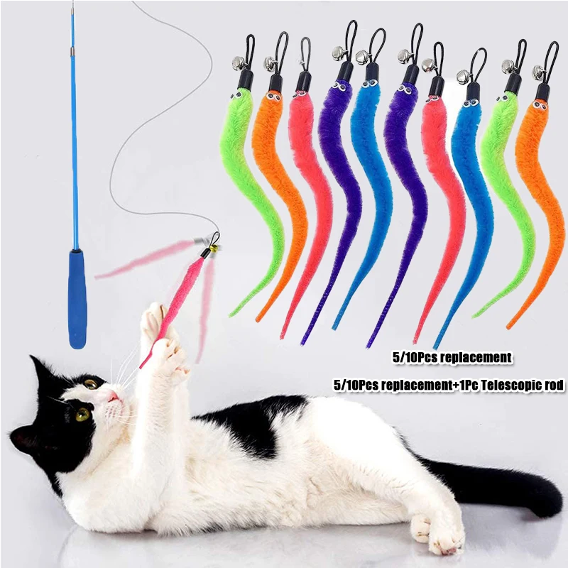 Reemplazar accesorios de juguete de peluche para gatos, cabeza de repuesto de gusanos, palo divertido para gatos, juguetes para mascotas, 5/10/6/11 Uds.