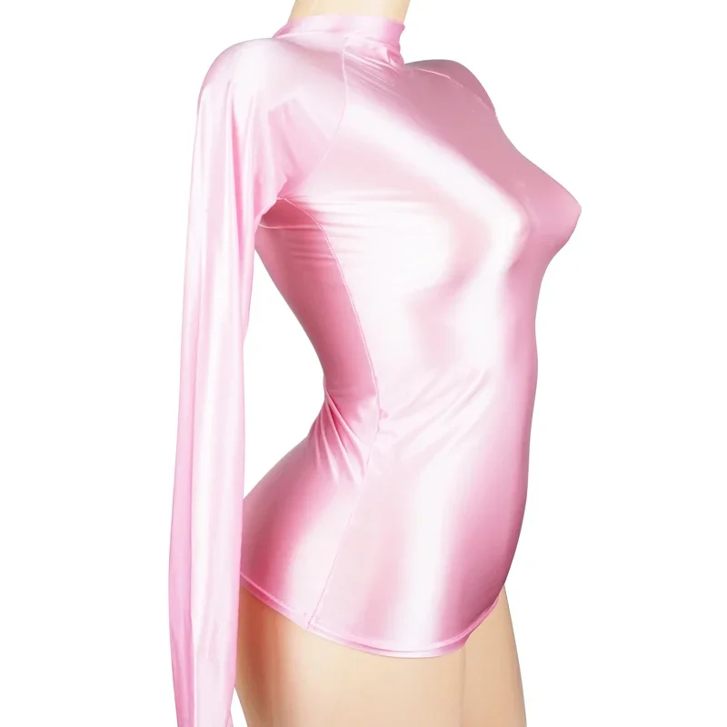YAULAANG-Body brillante de manga larga para mujer, ropa deportiva brillante, traje de gimnasio con cuello alto, leotardos sexys, camisa de compresión, Top de baño