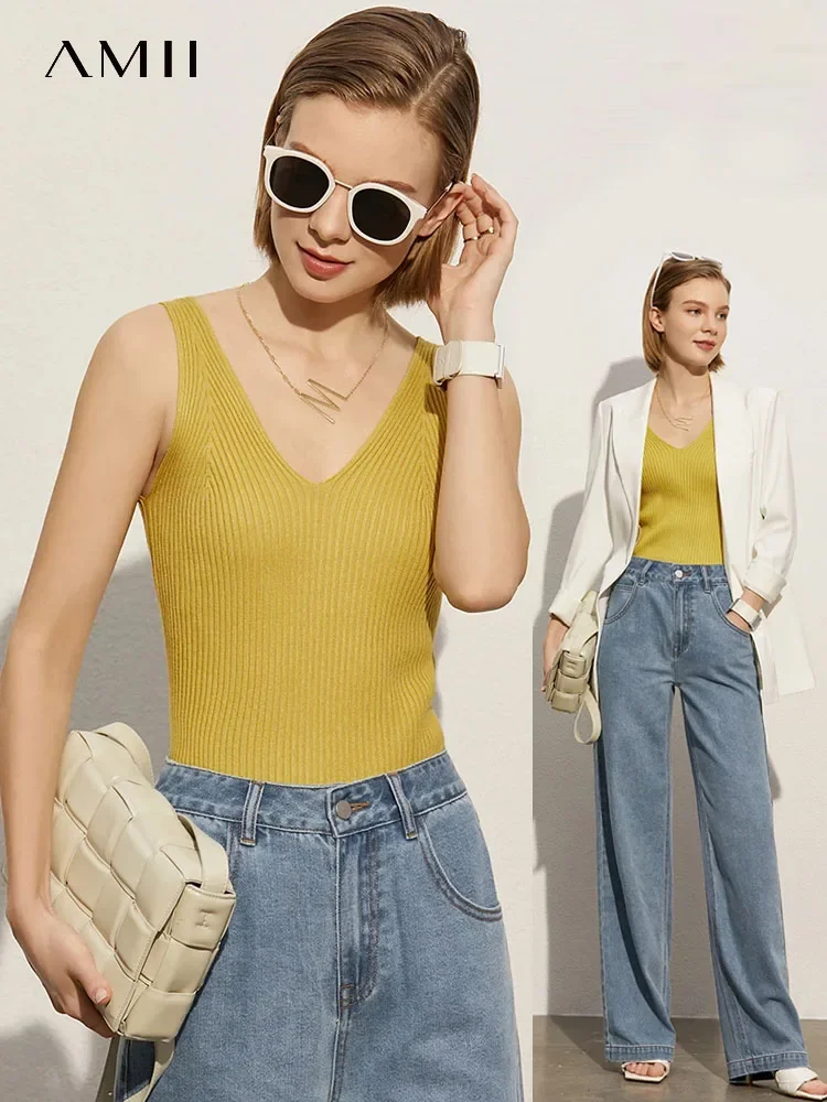 Amii Minimalism, novedad de verano, camisola para mujer, Tops de oficina para mujer, chaleco ajustado sexi con cuello en V, camisetas sin mangas para niñas, ropa de calle 12321058