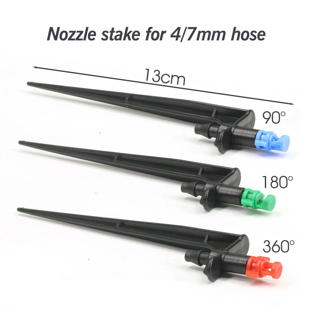 Boquilla de nebulización de 90/180/360 grados, aspersor de estaca de 13cm para manguera de 1/4 ", aspersor de riego de jardín, rociador agrícola de riego por goteo