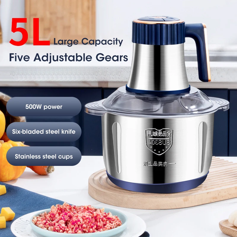 Molinillos de carne eléctricos de 5L, triturador de alimentos de acero inoxidable 304, rebanador de verduras multifuncional, picadora, procesador de alimentos para bebés