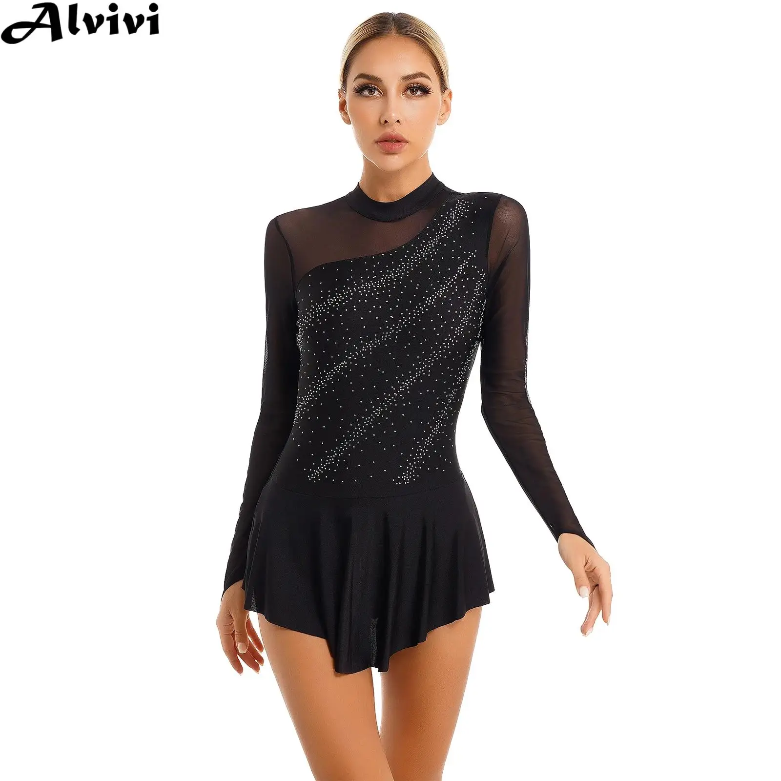 Vestido de baile de patinaje sobre hielo para mujer, danza lírica, Ballet, gimnasia, leotardo, tutú de manga larga, malla brillante, Ropa de baile con diamantes de imitación